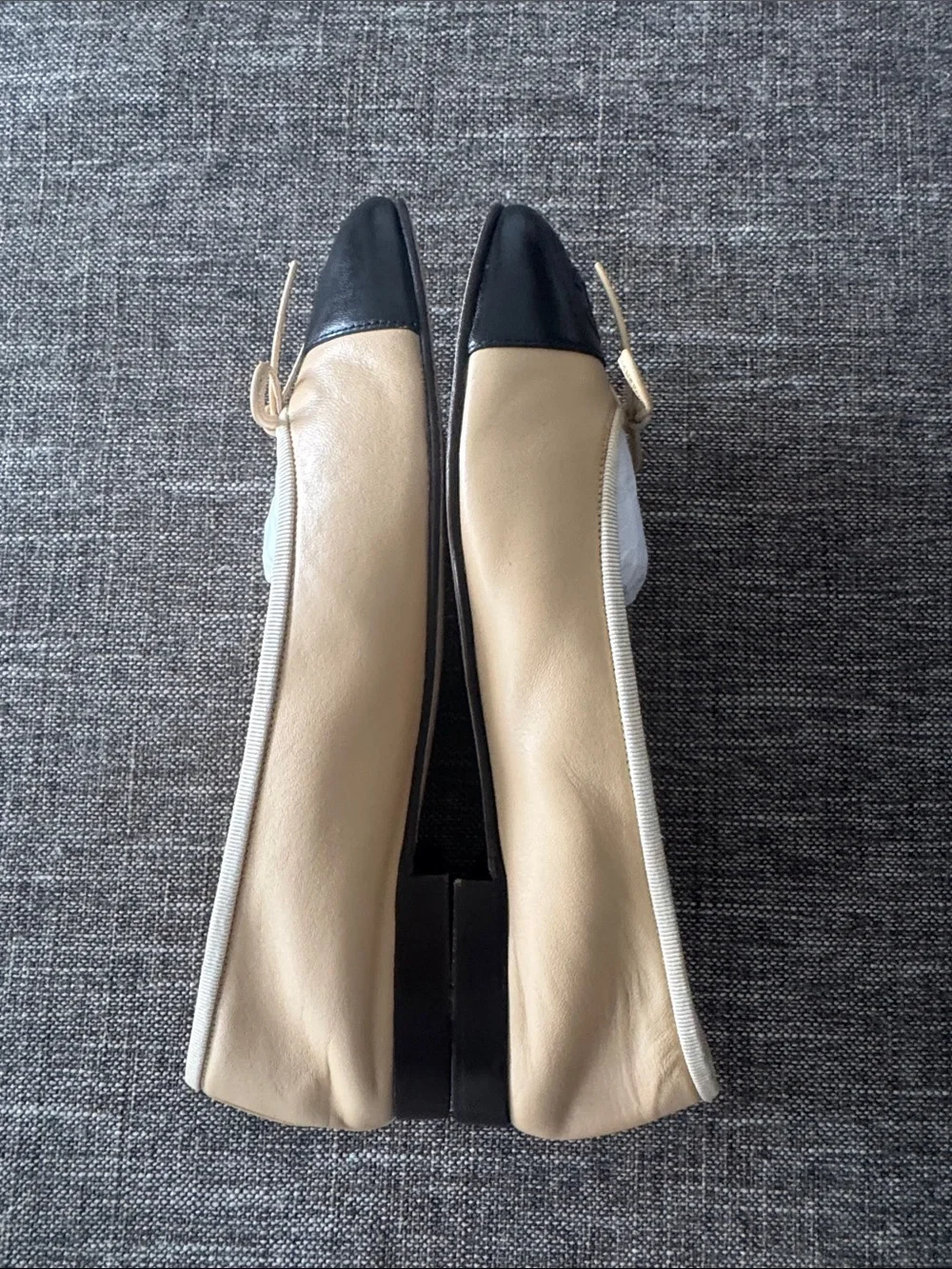 CHANEL Beige and Black Cap-Toe Leather Ballet Flats